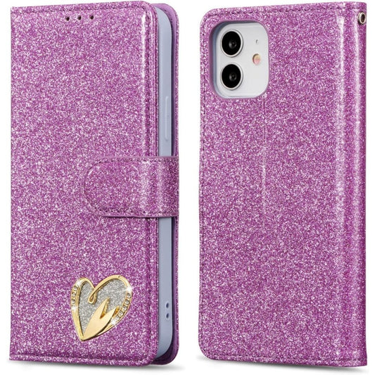 Bling Heart Diamond PU Leather Wallet Case for iPhone 12 / 12 Pro